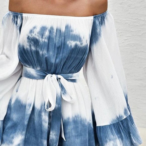 Tie Dye Off shoulder statement sleeves belted romper blue - Picture 5 of 5